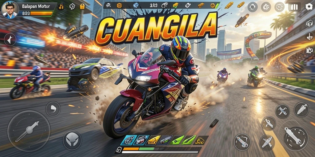Gameplay seru balapan motor di lintasan menantang.