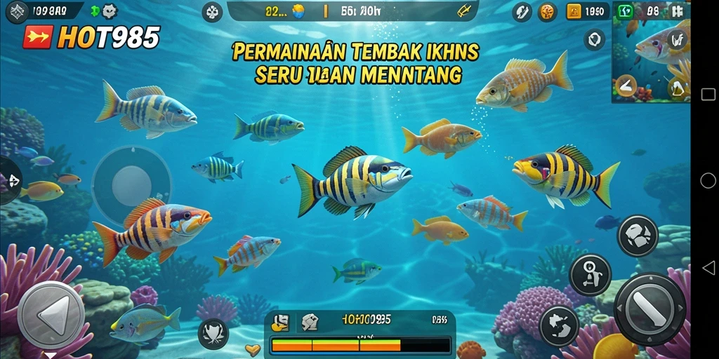 Screenshot utama HOT985 menampilkan aksi tembak ikan yang mendebarkan.