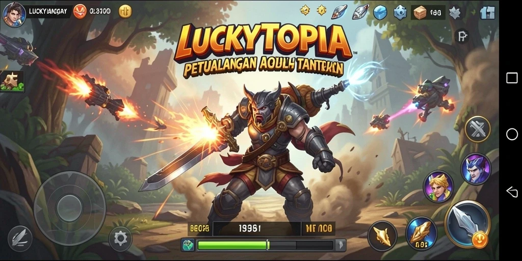 Tangkapan layar LUCKYTOPIA menampilkan aksi mendebarkan dalam pertempuran.