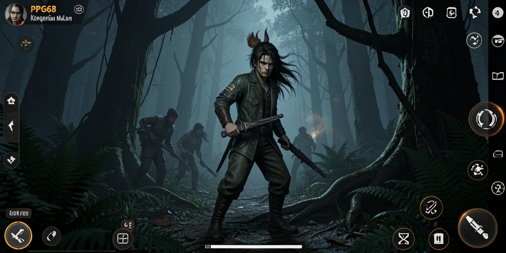Screenshot gameplay PGG68 menampilkan suasana hutan menyeramkan dan makhluk menakutkan.