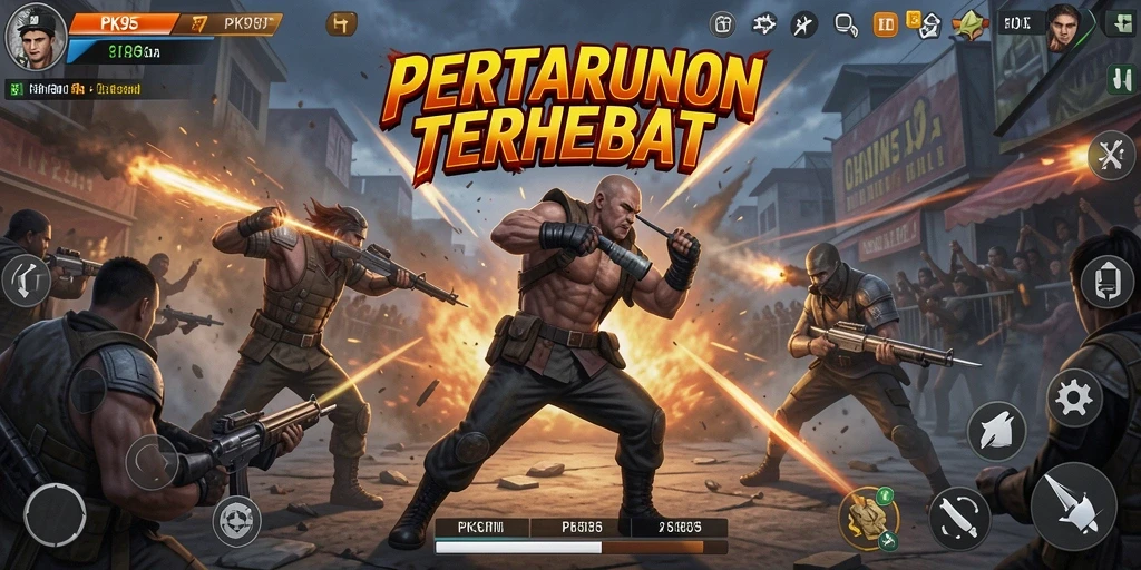 Screenshot gameplay PK95 dengan karakter bertarung di arena.